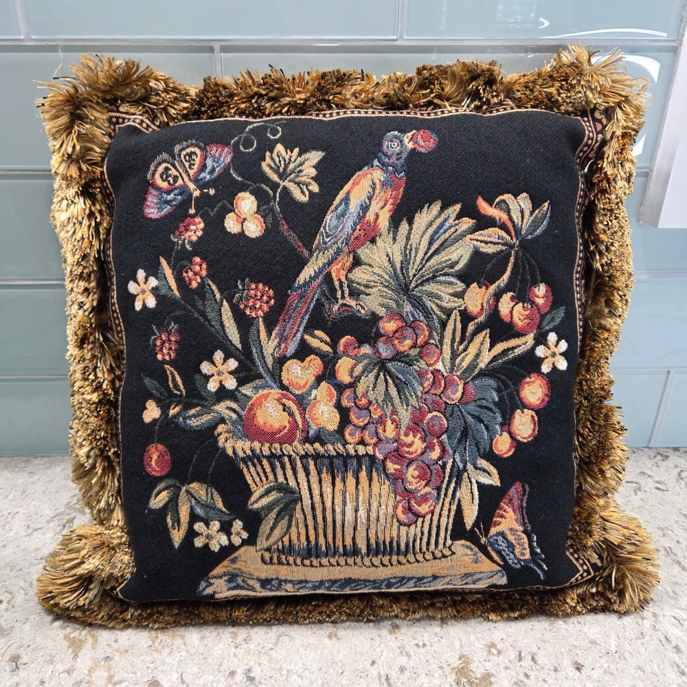 Vintage Tapestry Parrot Fruit Basket Throw Pillow Fringe Trim Velvet Back 16x16